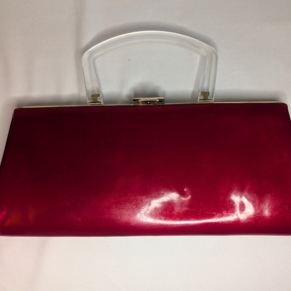 Elegant Cherry Red Clutch with Clear Handle And Gold Hardware